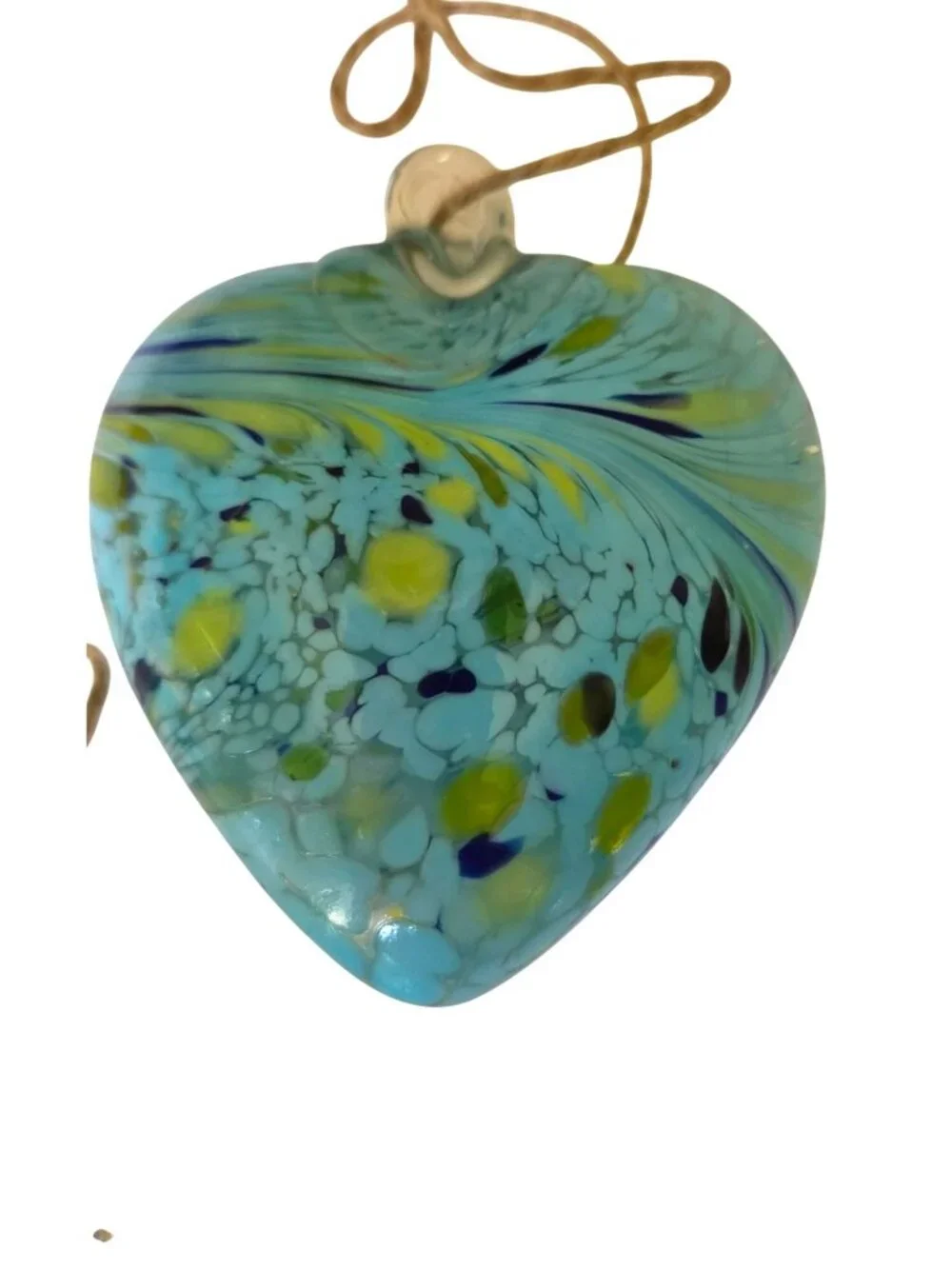 Set of 3 Handcrafted Blown Glass Heart Ornaments Blue & Green Swirl Design